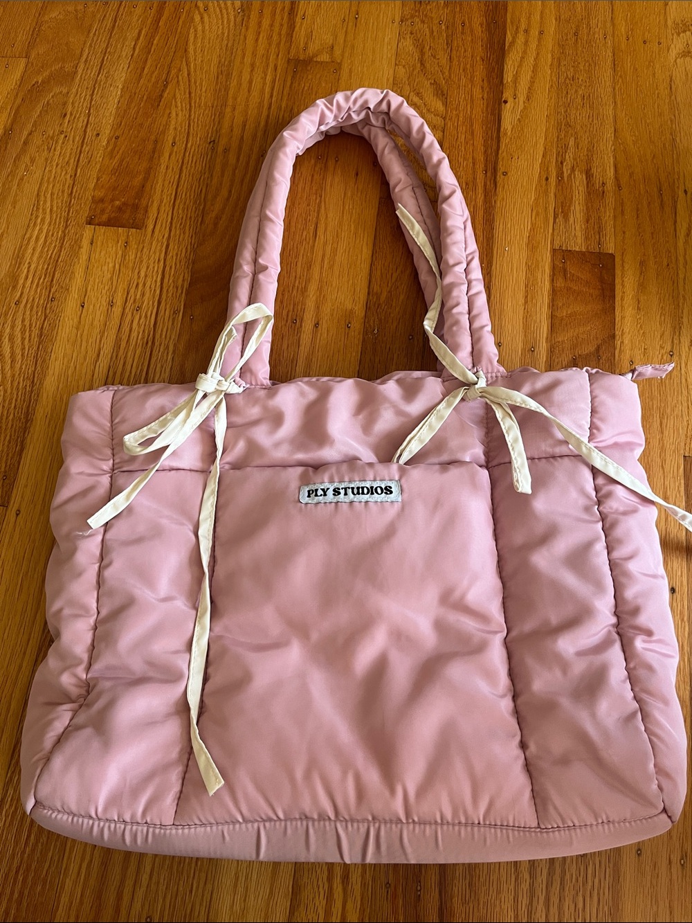 Ply Studios Pink Quilted Tote with Ribbon Ties